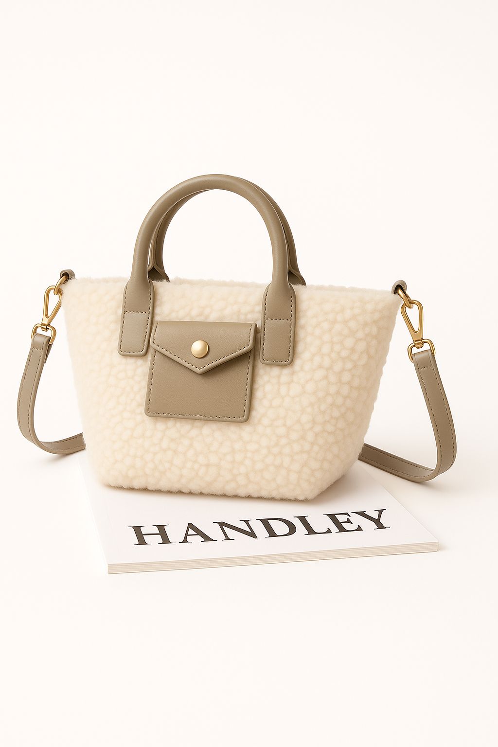 Lüks kuzu Pelüş detaylı el ve omuz çantası