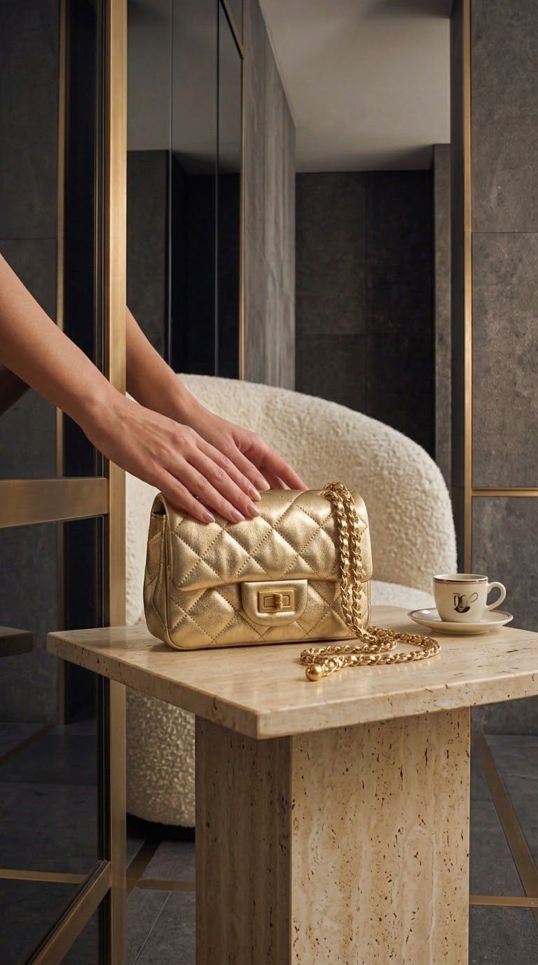 Kadın Acı Kahve Kapitone Dikişli Gold Kilitli Zincir Askılı Omuz Çantası / Ölçü uzunluk 14 cm / Eni 18 cm